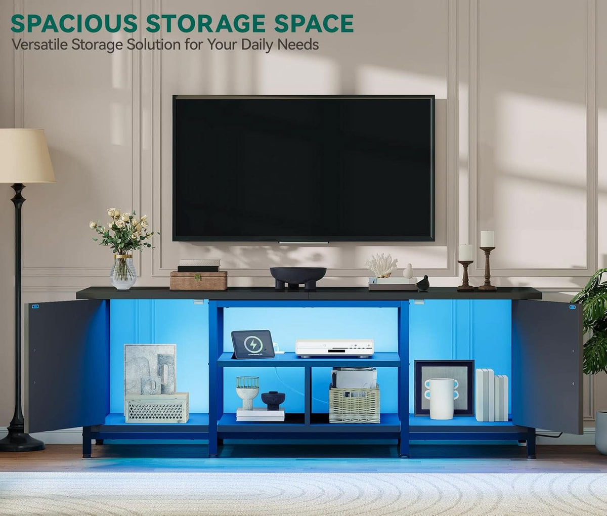 Black TV Stand With LED Lighting Entertainment Center