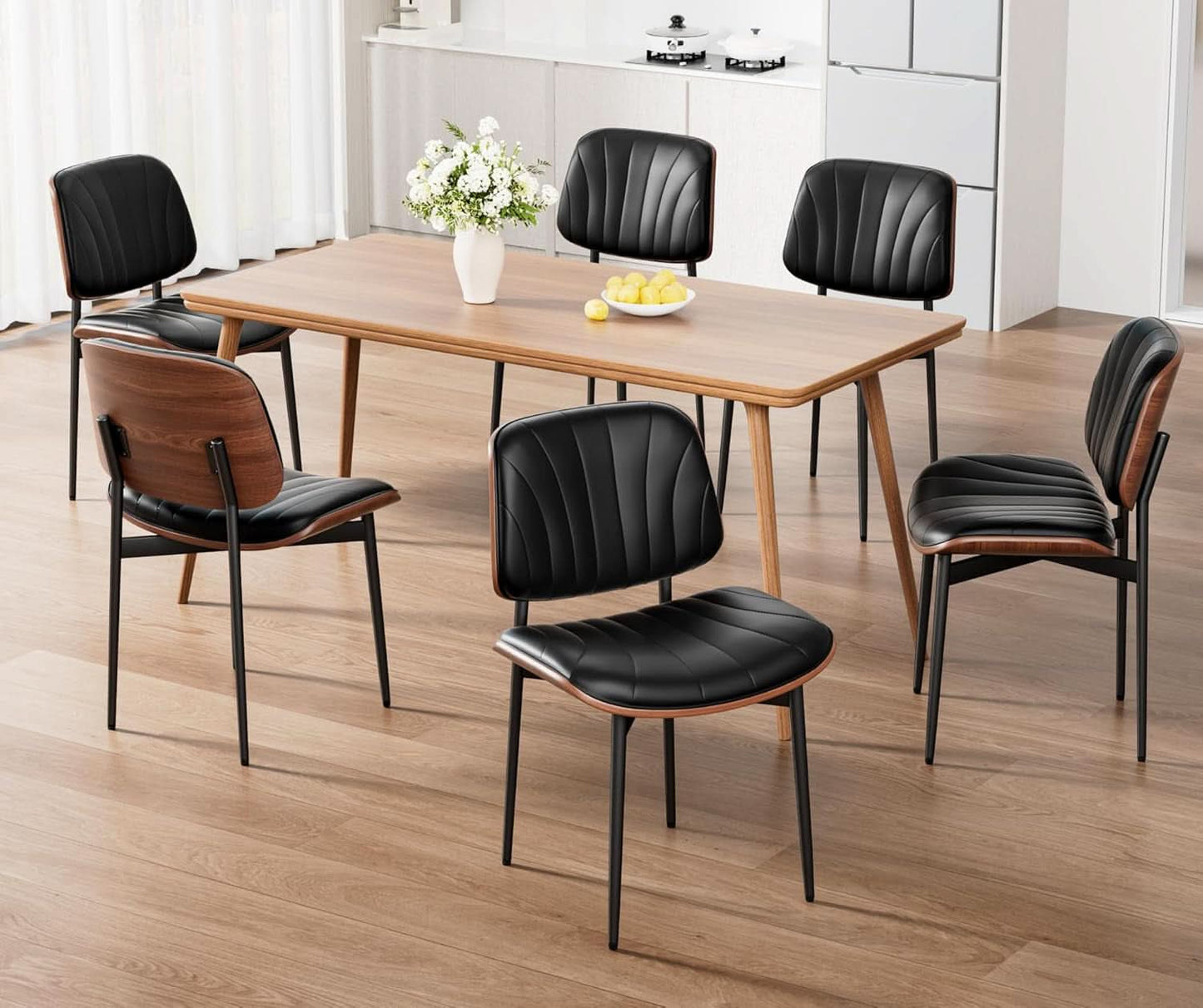 Set of 6 Black PU Leather Mid-Century Modern Dining Chairs with Walnut Back