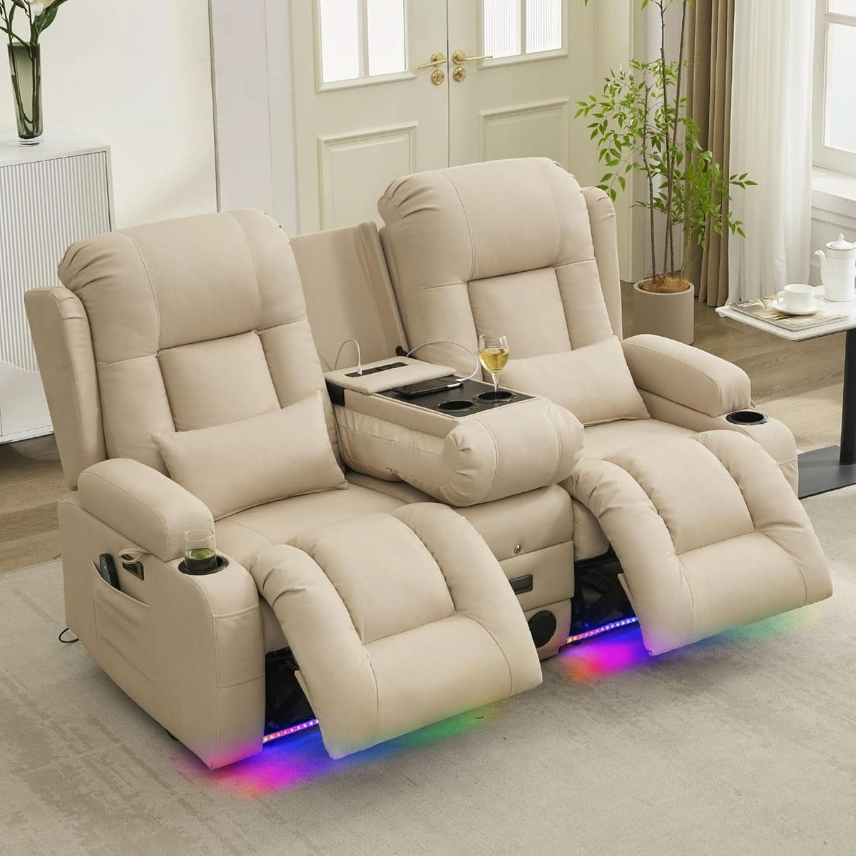 Beige Leatherette Power Reclining Loveseat With Massage