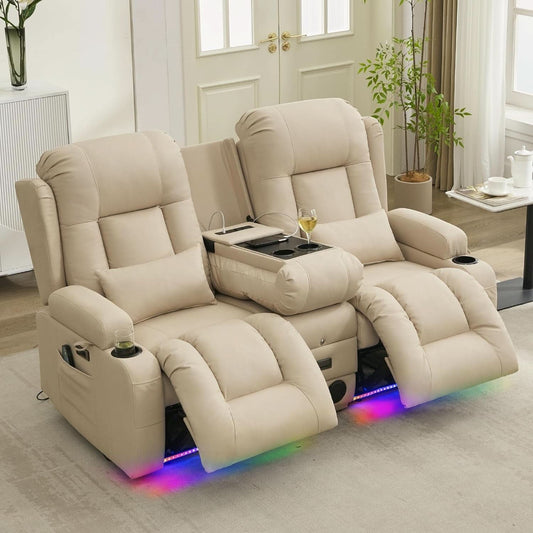 Beige Leatherette Power Reclining Loveseat With Massage