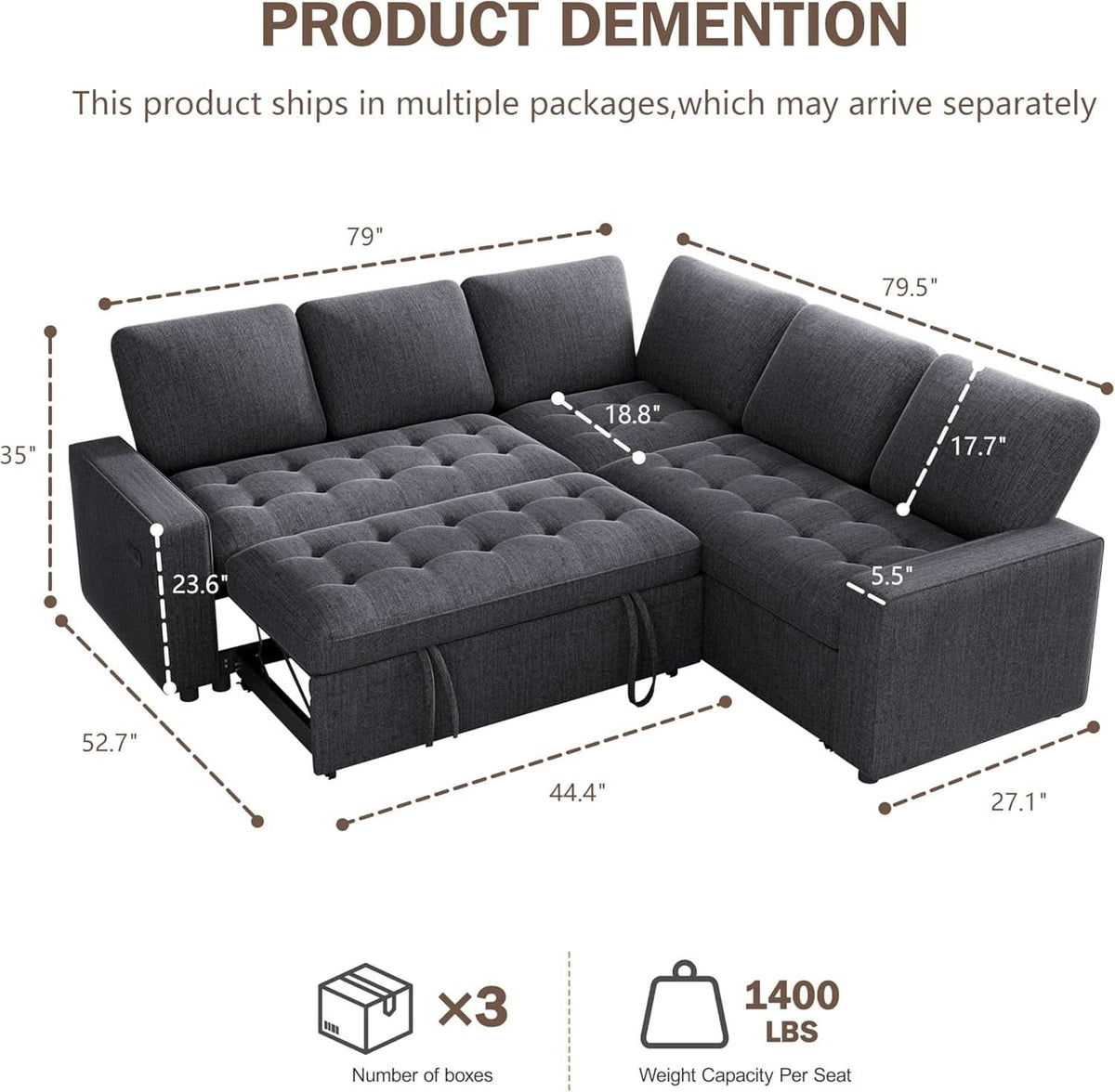 85 Inch Ultrasoft Chenille L Shaped Sleeper Couch Sofa
