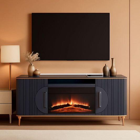 Fluted Fireplace TV Stand Navy Sophisticated Marble