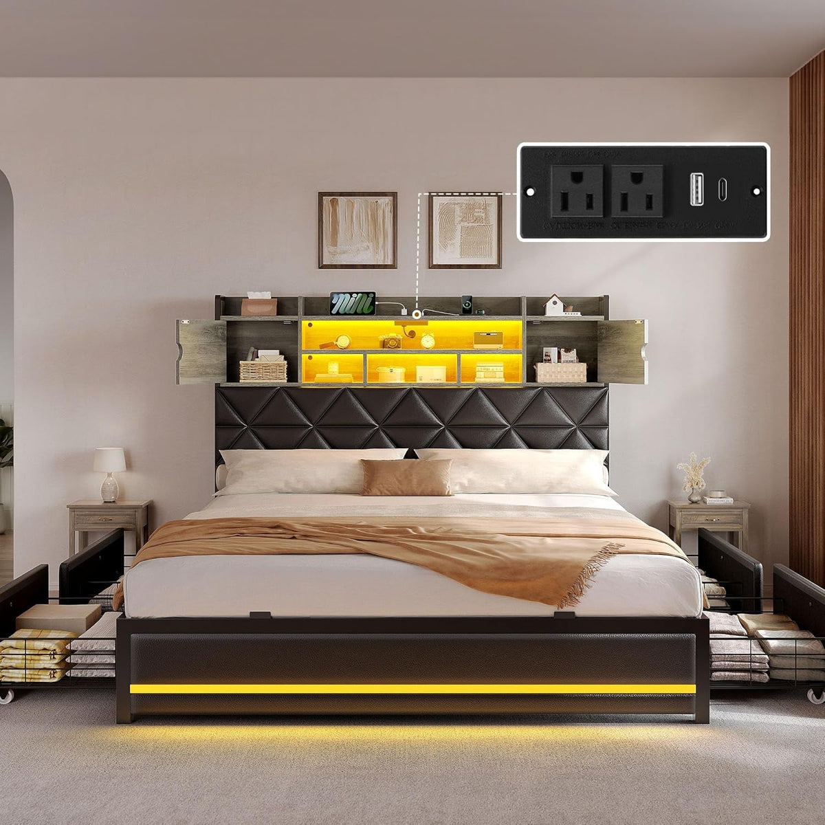 Queen Luxurious Upholstered Bed Frame RGBLED Lighting-3