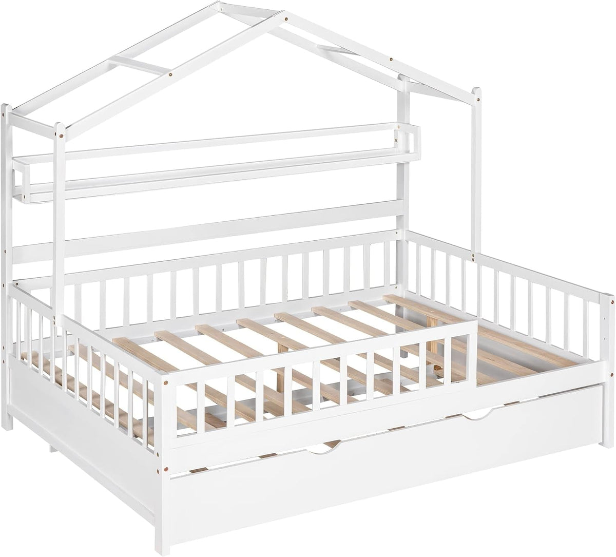 FullSize White Wooden Playhouse Trundle Bed Storage