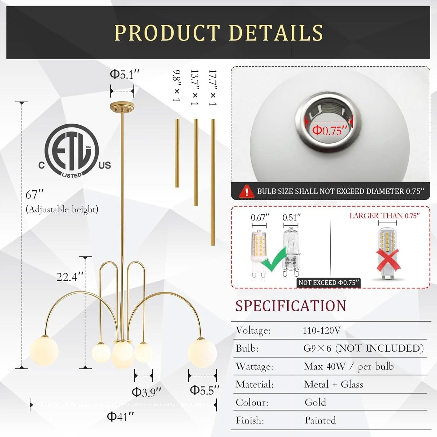 Gold Sputnik Chandelier Six Light Ceiling Pendant Light