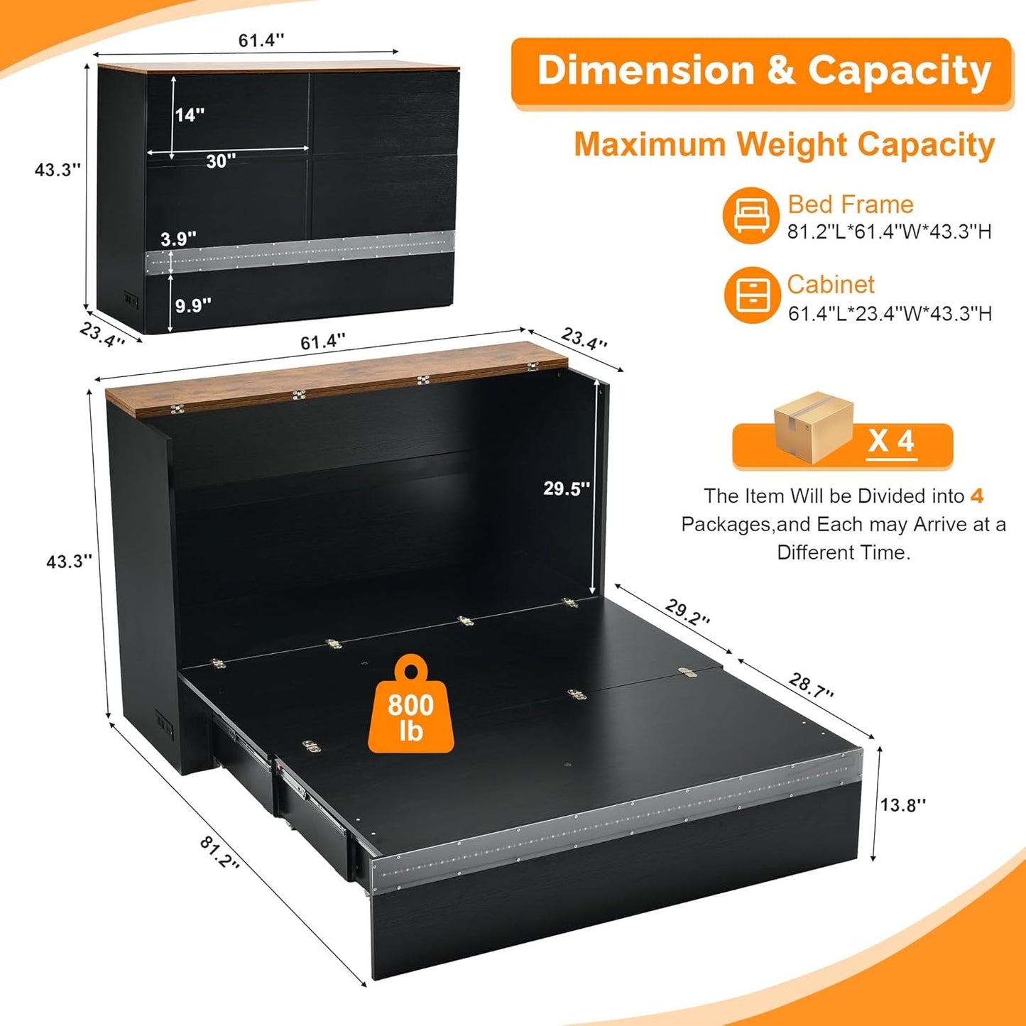 Queen Murphy Bed With Black Integrated Charging Stations Led Lighting