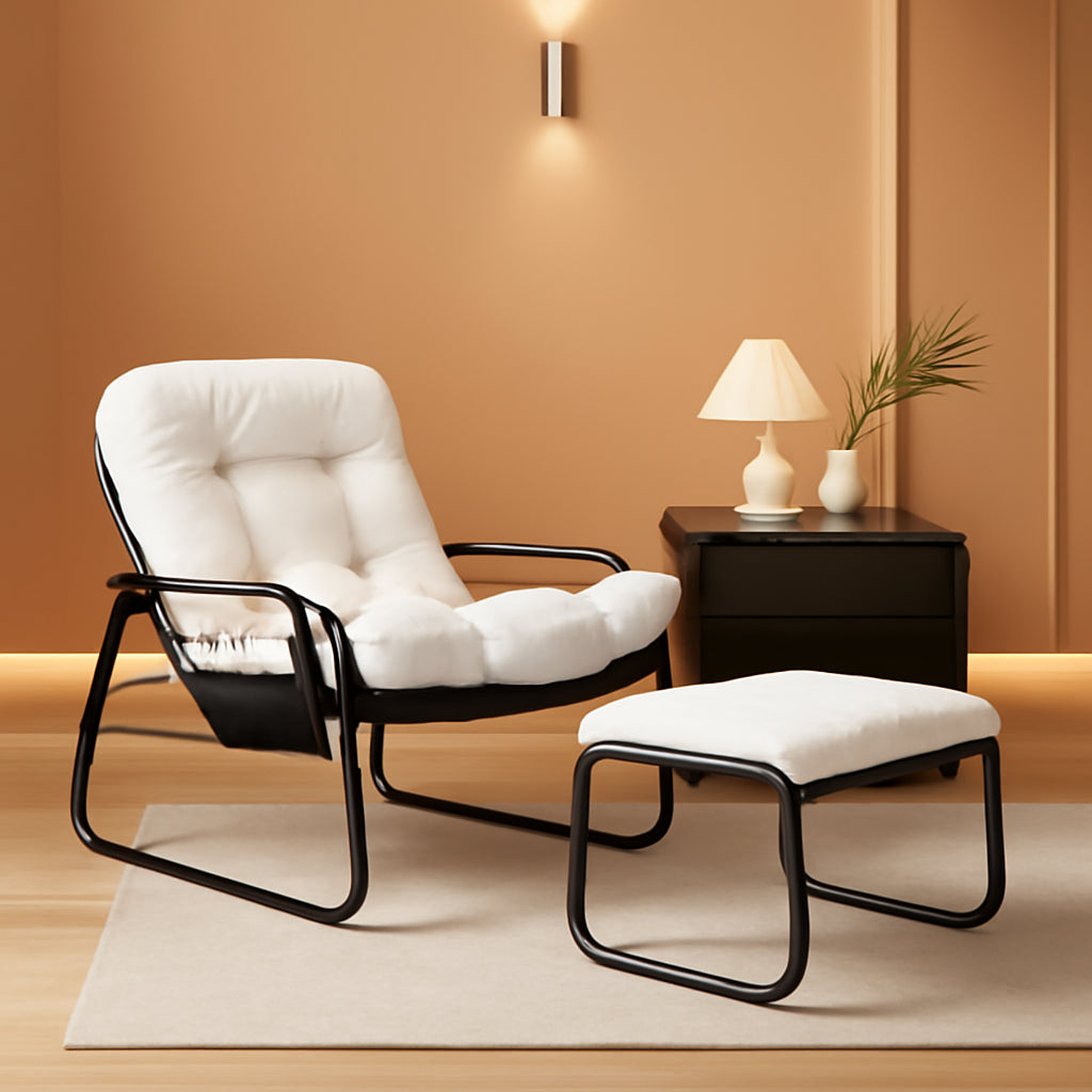 Beige Upholstered Lounge Chair With Ottoman Footrest