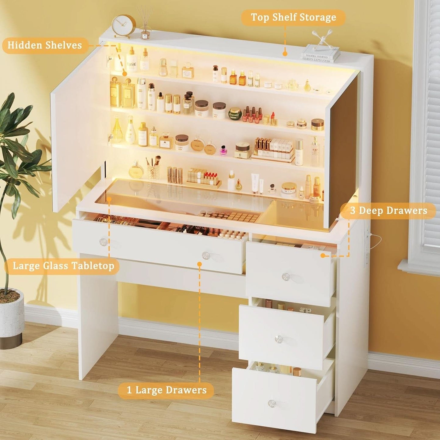 White Makeup Vanity Desk With Precise Tempered Glass Top
