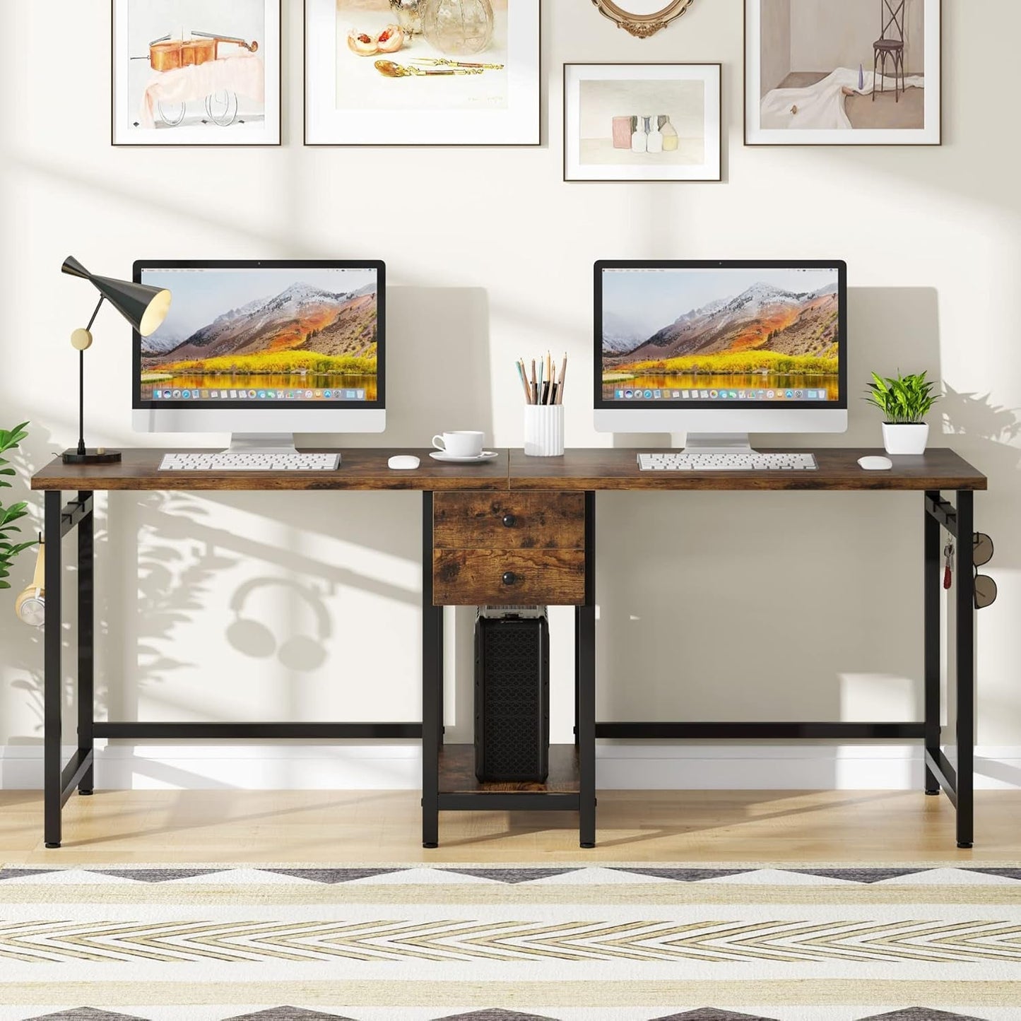 79Inch RusticBrown Double Desk With Storage Drawer