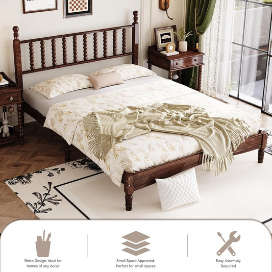 Victorian Walnut Spindle Headboard Queen Platform Bed