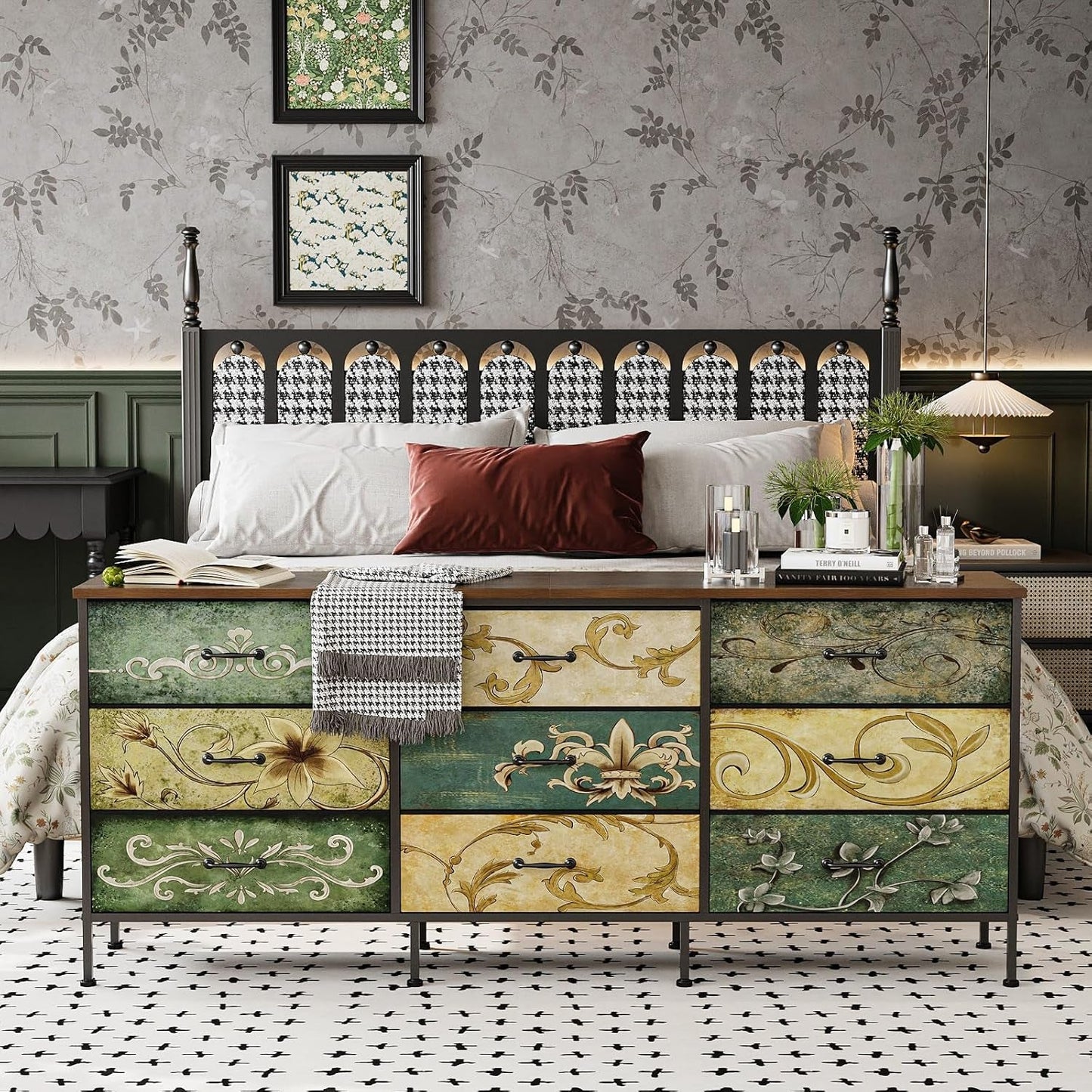 Oversize Nine Drawer Fabric Dresser Floral Pattern