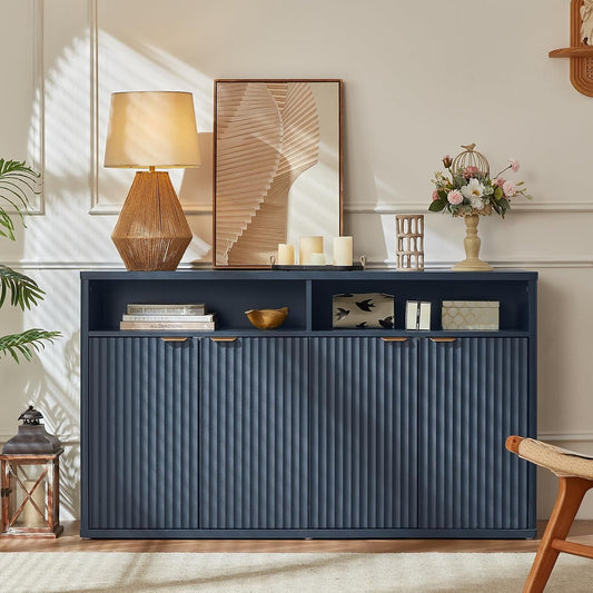 Fifty Five Inch Fluted Buffet Cabinet Dark Blue Shelving