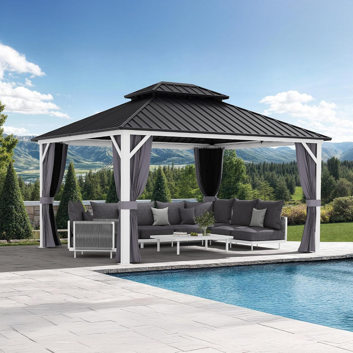 12x14 White Aluminum Frame Hardtop Gazebo Curtains