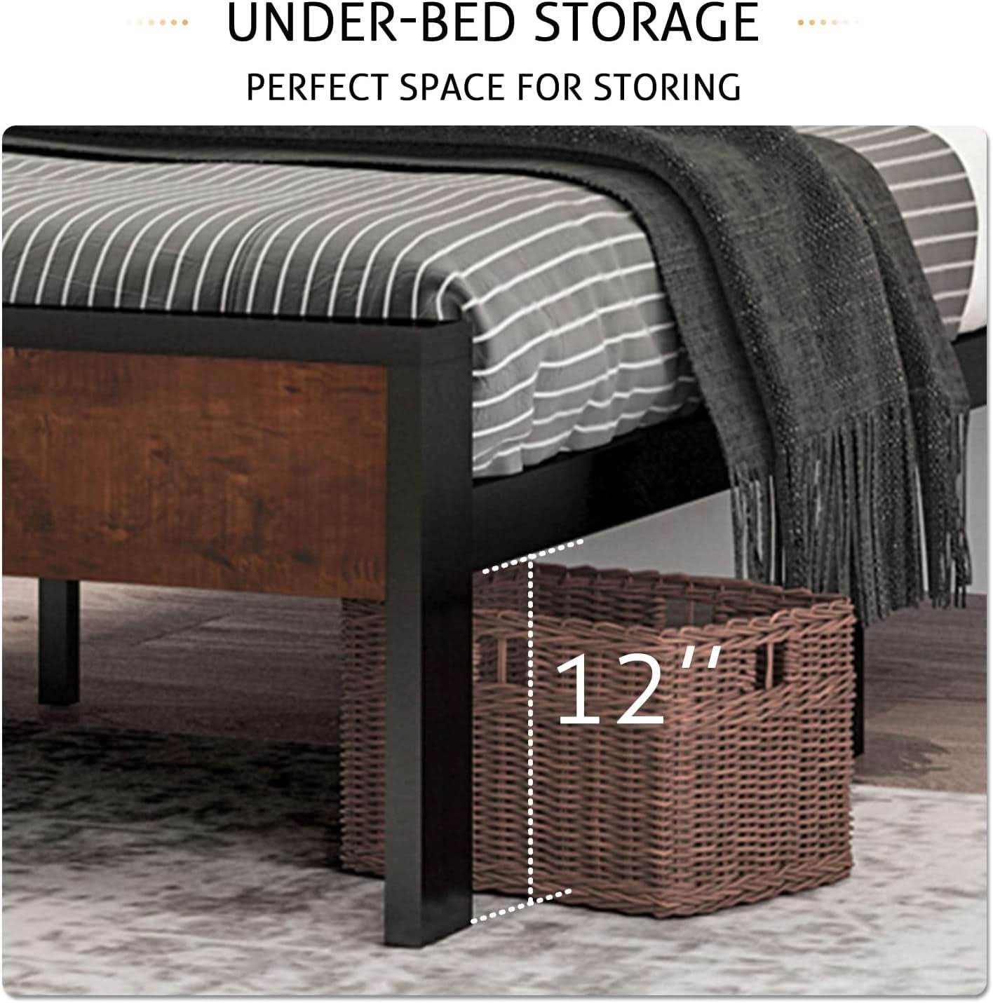 14 Inch King Size Metal Platform Bed Frame with Wooden Headboard and Footboard, Mattress Foundation, No Box Spring Needed, Large under Bed Storage, Mahogany