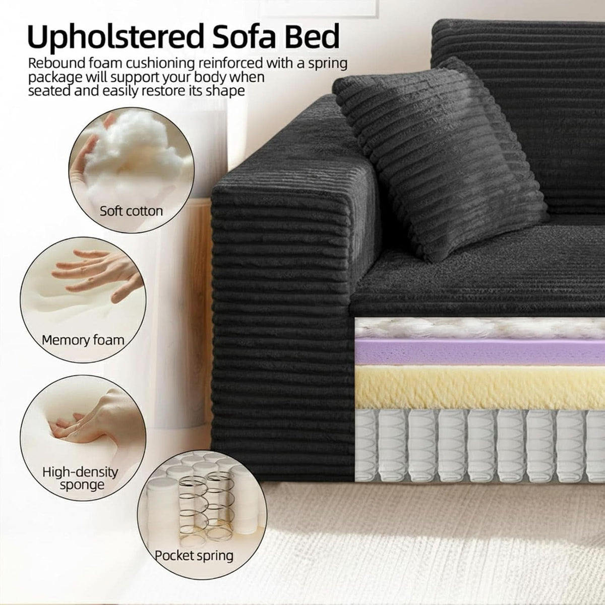 3-Seater Corduroy Sleeper Sofa No Assembly Lounge