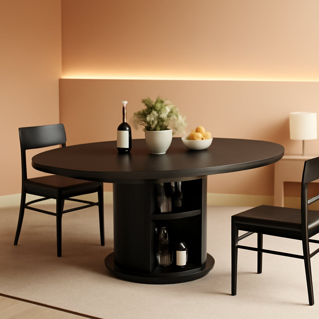 Black Extendable Round Dining Table Pedestal Storage