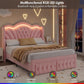 Pink Velvet Upholstered Platform Bed Frame With LEDs