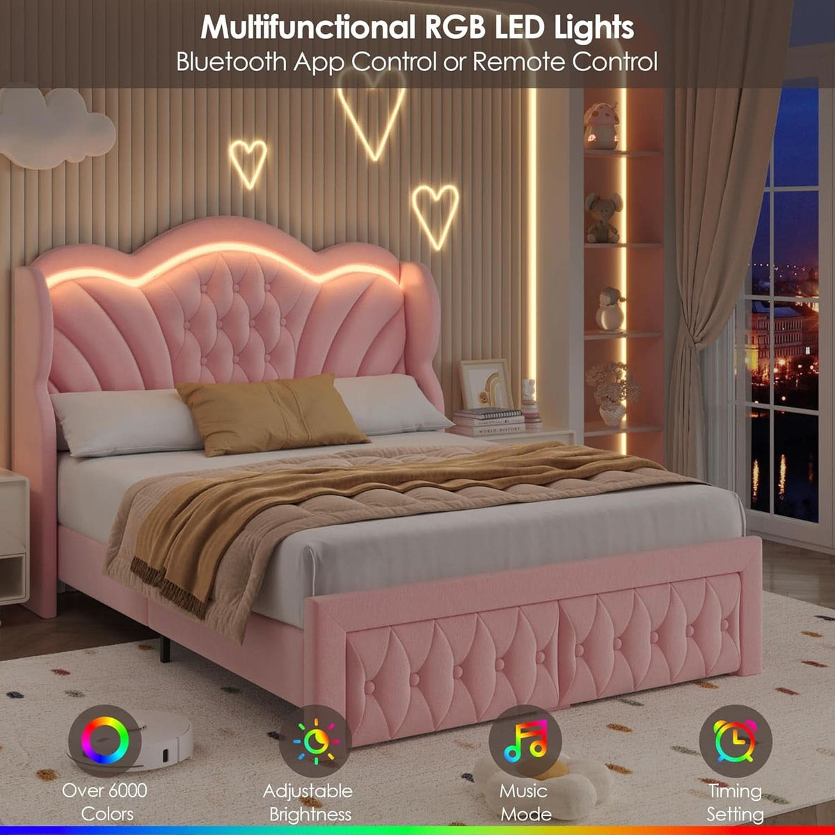 Pink Velvet Upholstered Platform Bed Frame With LEDs