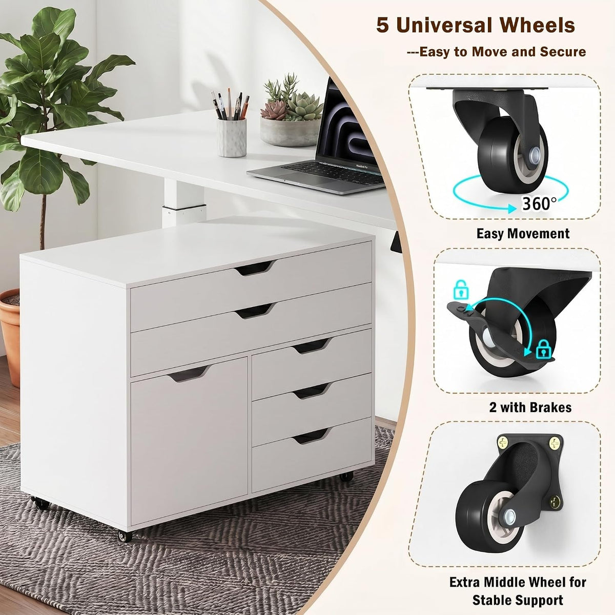 Rolling File Cabinet Five Drawers White Organizer Pro