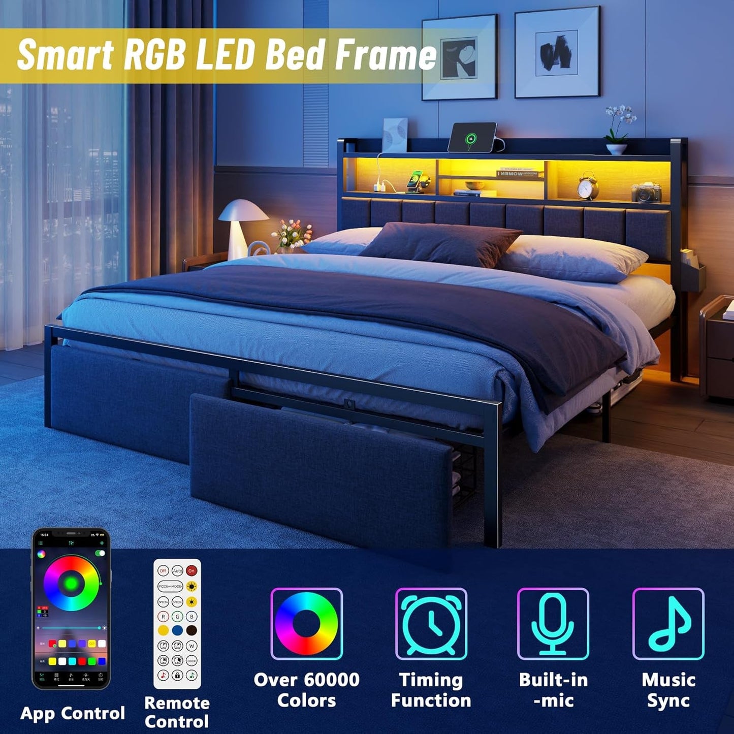 King Platform Bed Frame Black BuiltIn Storage Drawers