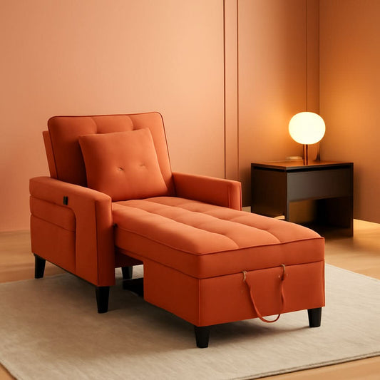 Three In One Velvet Orange Convertible Sleeper Chair