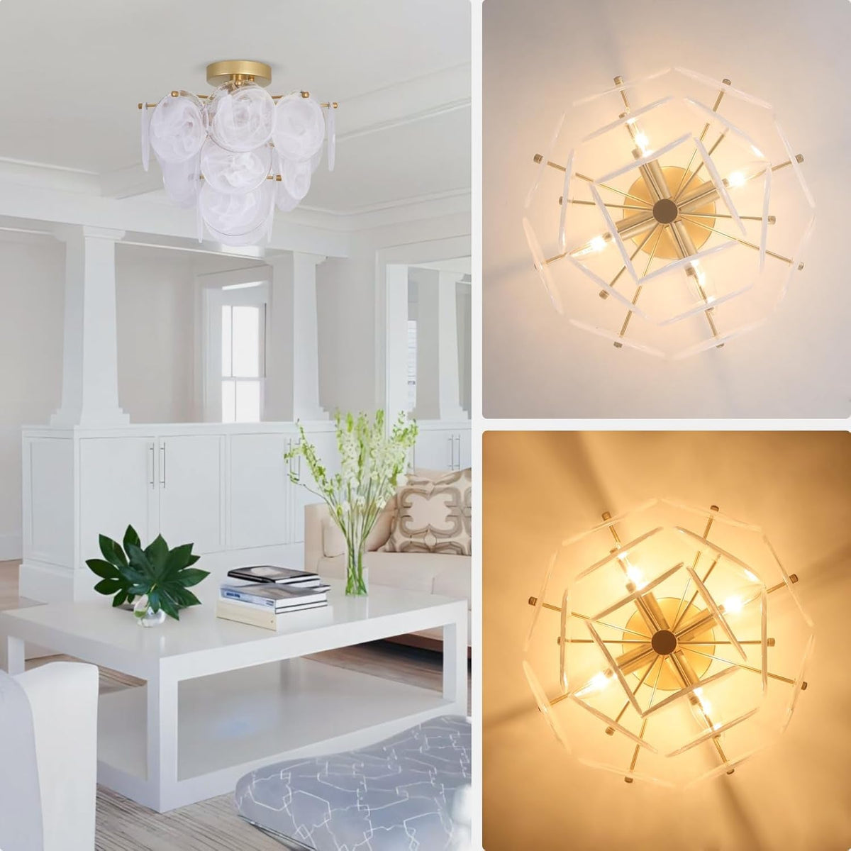 Golden Glass 4-Light Flush Mount Ceiling Chandelier