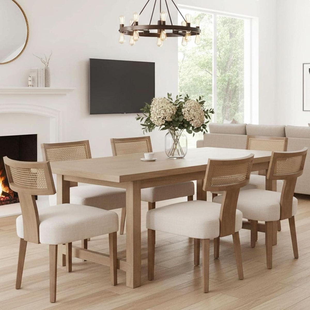 Beige Mid Century Rattan Dining Chairs Upholstered