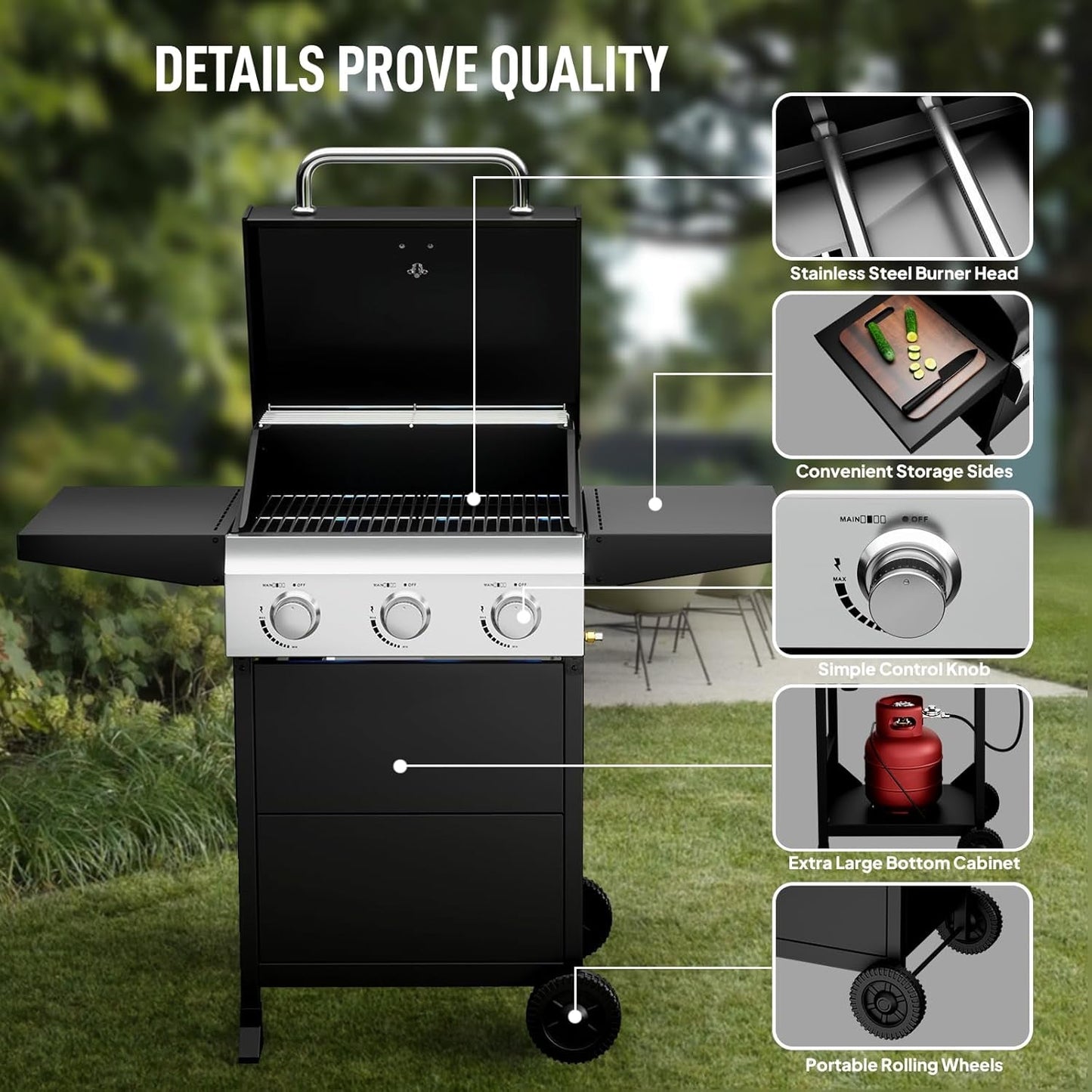 Three Burner Portable Propane Grill Weather Resistant BTU
