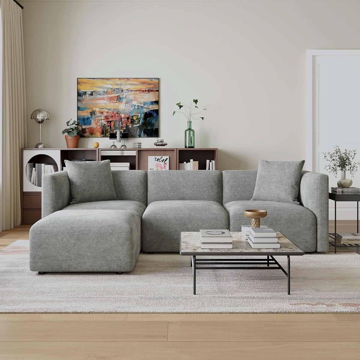 L Shaped Sectional Sofa Convertible In Linen Grey Modern