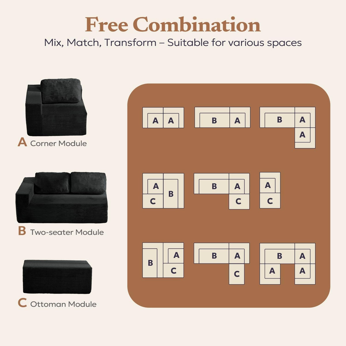 106Inch Black Convertible Corduroy Modular Sectional Sofa