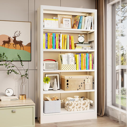 Floor Standing White Five Tier Adjustable Bookcase