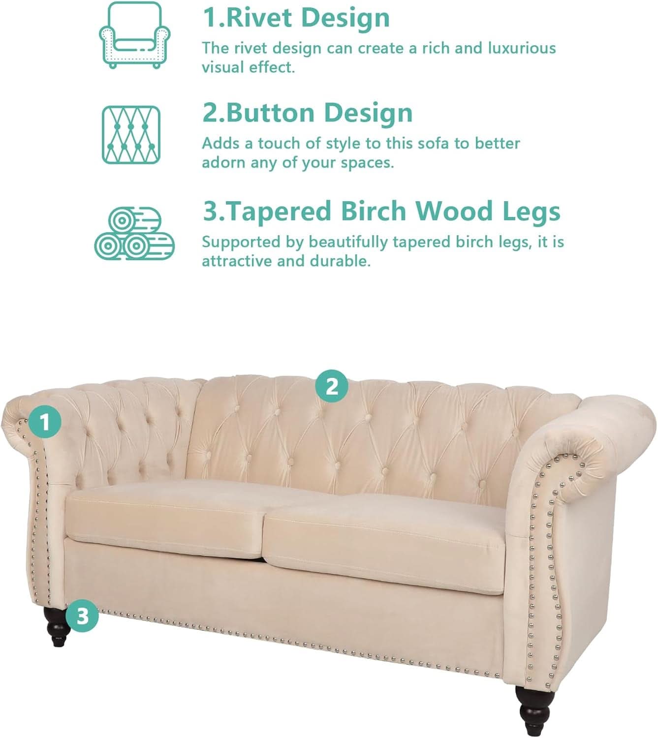 Beige Velvet 3 Piece Living Room Set With Chesterfield Sectional Sofa And Loveseat-3