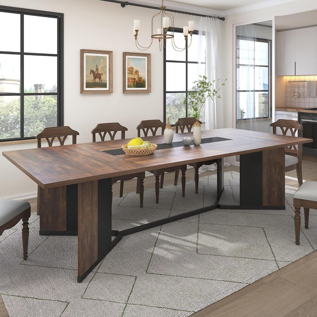 Brown 94 Inch Solid Wood Dining Table Stain Resistant