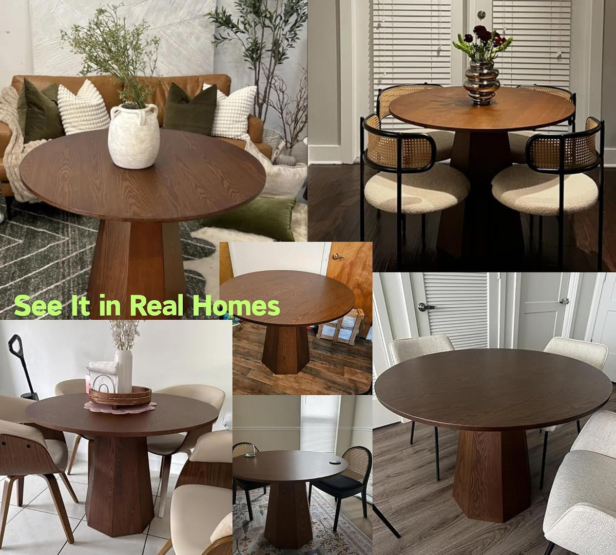 Round Walnut Solid Wood Dining Table 39 Inch Pedestal Base Design Modern