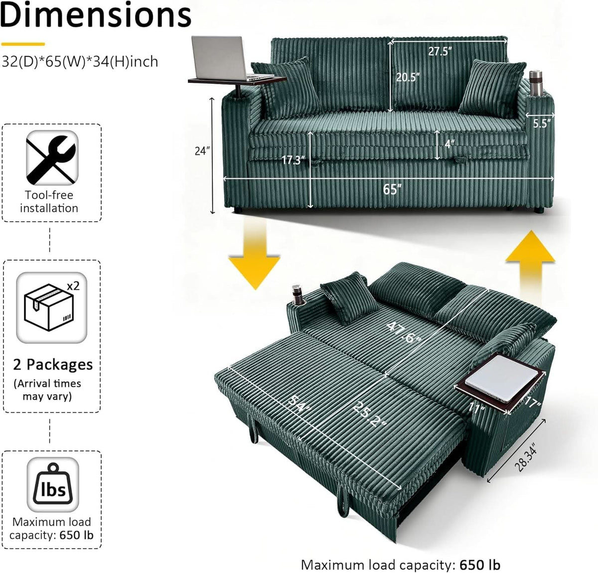 65Inch Sleeper Sofa Bed CorduroyFabric Emerald Green-1