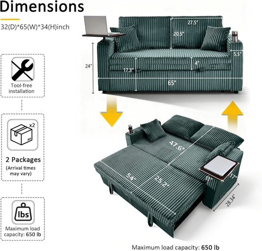 65Inch Sleeper Sofa Bed CorduroyFabric Emerald Green-1