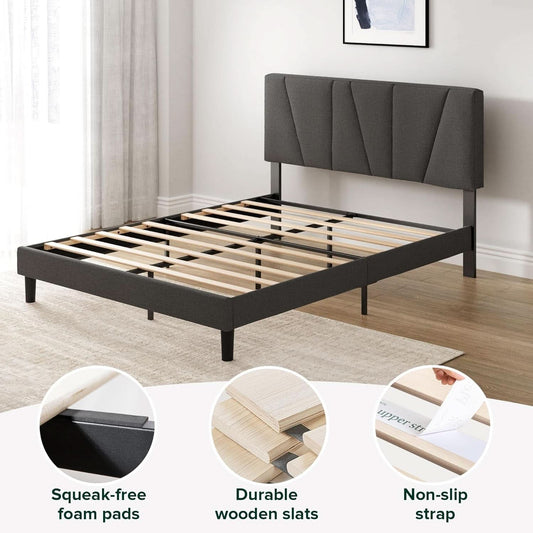 Queen Size Upholstered Bed Frame With Asymmetric Headboard