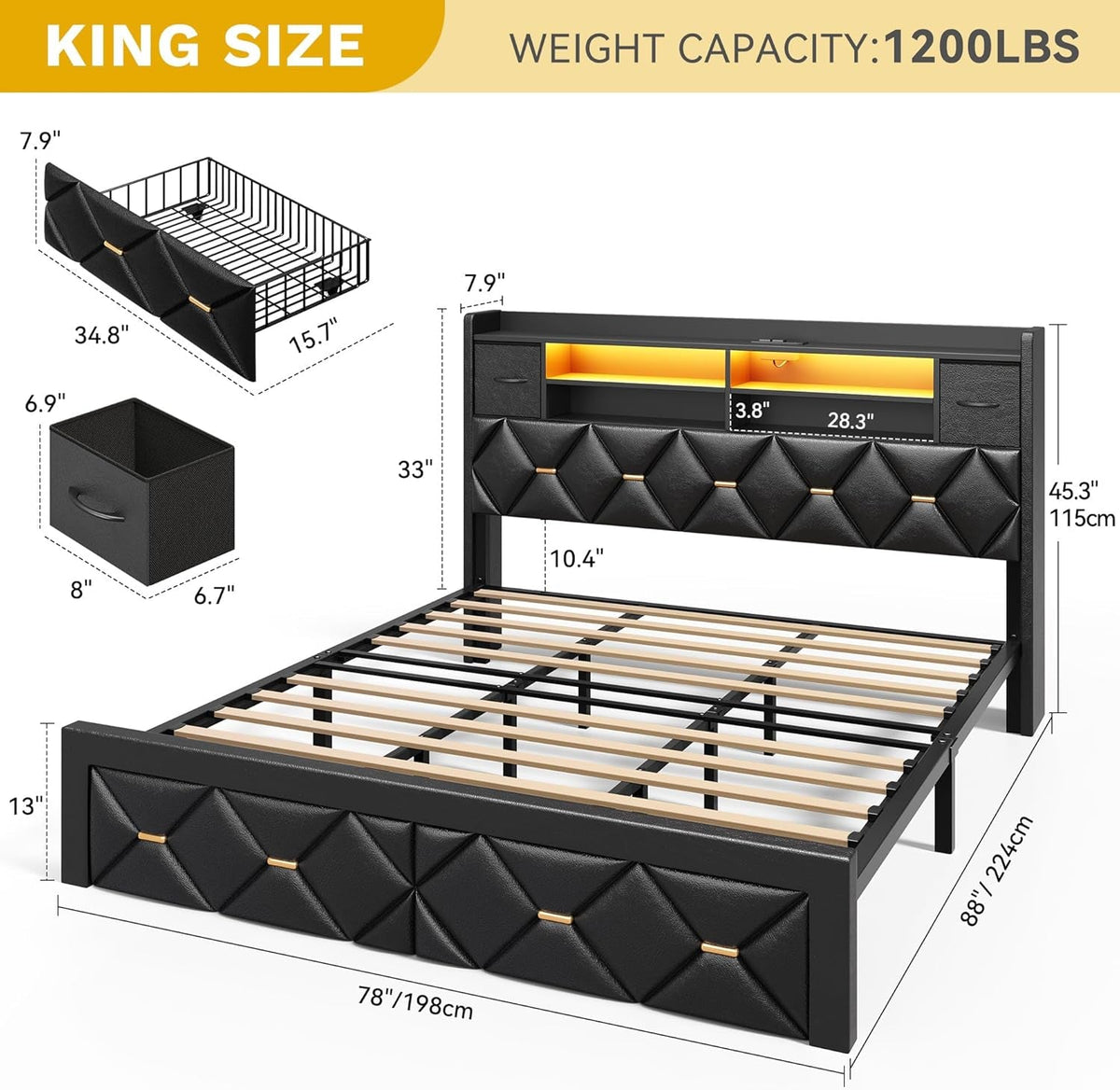 King Size Upholstered Platform Bed Headboard Storage