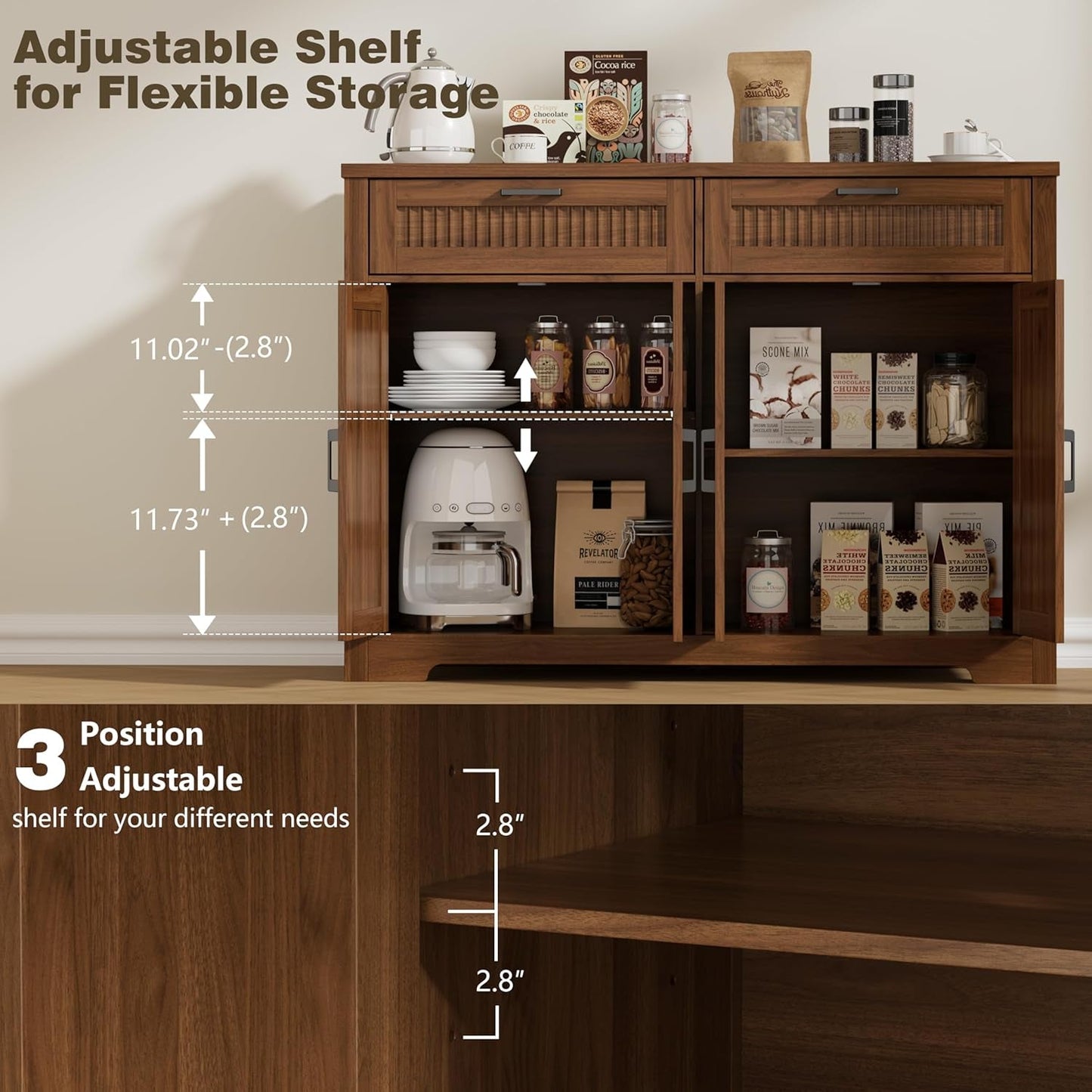 Farmhouse Fluted Walnut Sideboard Cabinet With Drawers