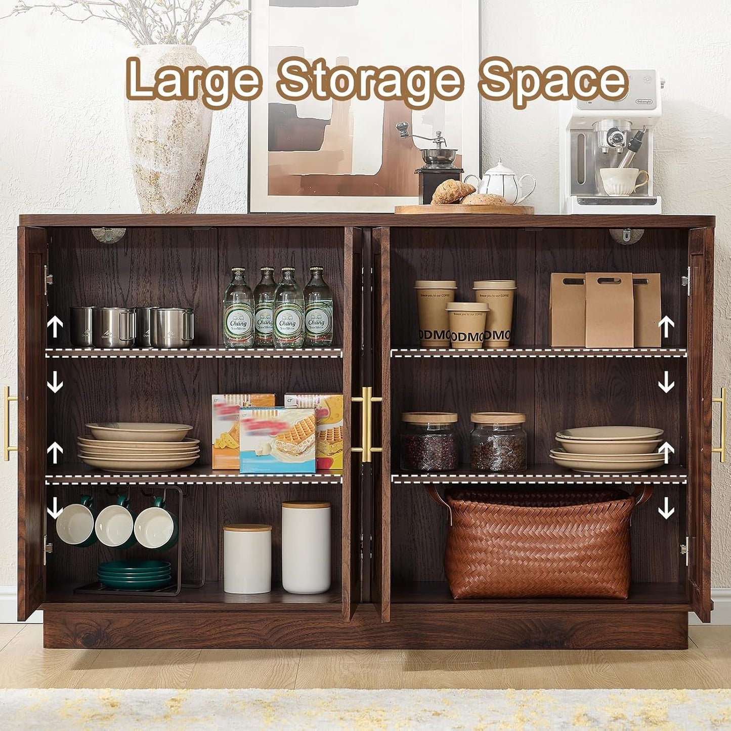 Walnut Sideboard Buffet Cabinet Adjustable Shelves