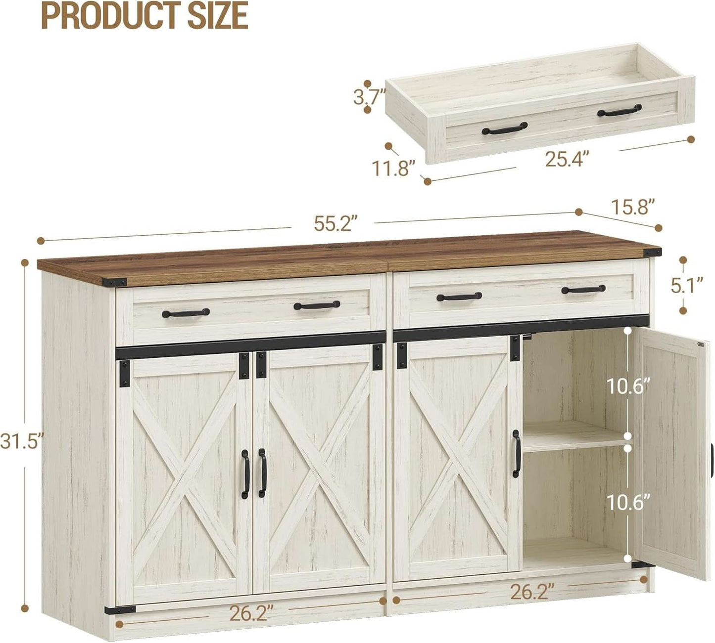 White Brown Farmhouse Buffet Cabinet Adjustable Shelves-2