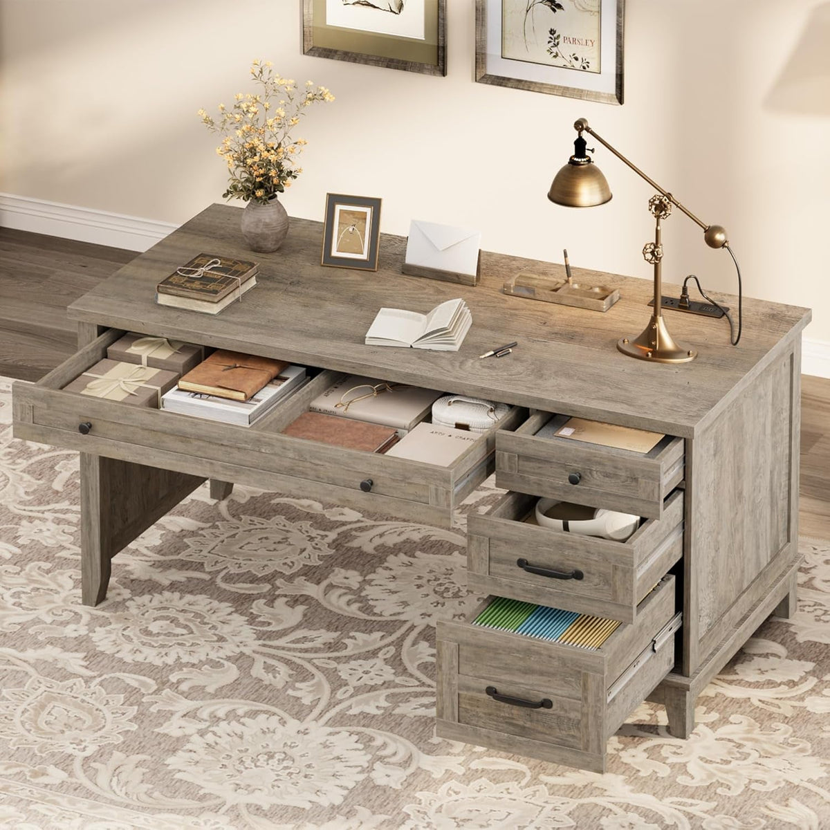 53Inch Rustic Farmhouse Desk With Charging Station