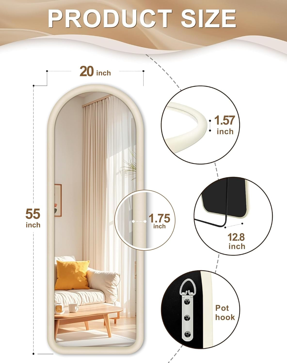 Cream White Velvet Arched Floorstanding 55Inch Mirror