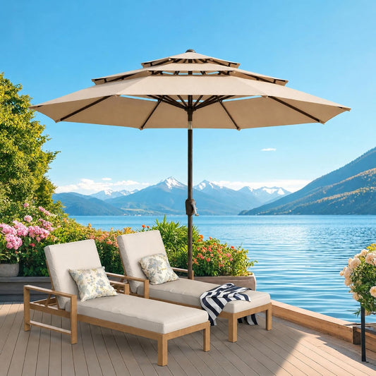 10Ft Champagne Fiberglass Ribs Patio Umbrella Push Button Tilt