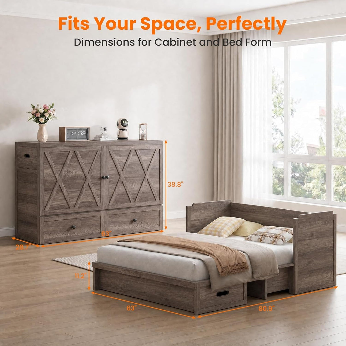 Murphy Bed Queen Mattress Included Grey Finish Drawer