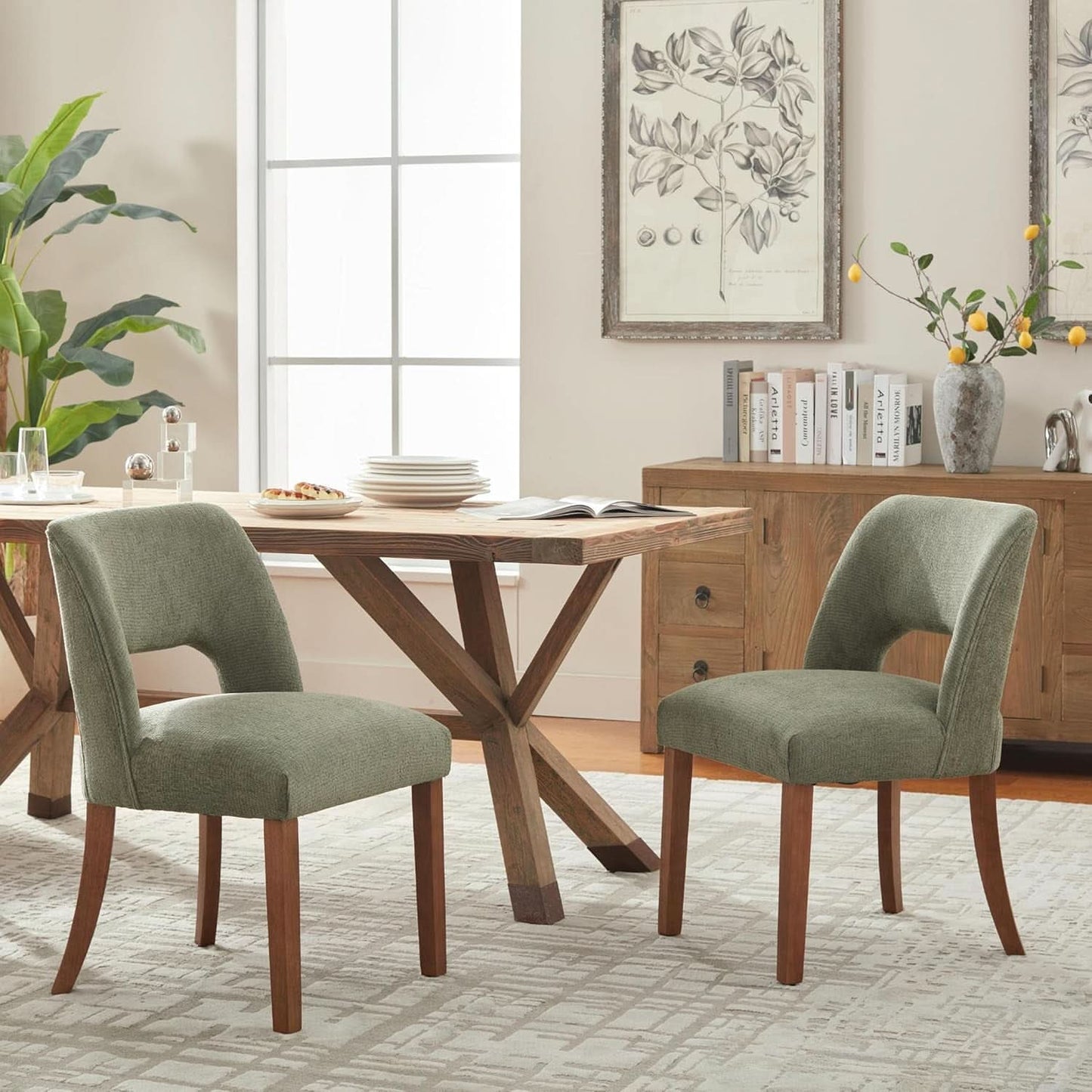 Green Fabric Upholstered Wooden Dining Chairs Sets