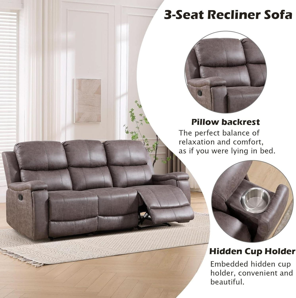 Grey Overstuffed Faux Leather Manual Recliner Sofa