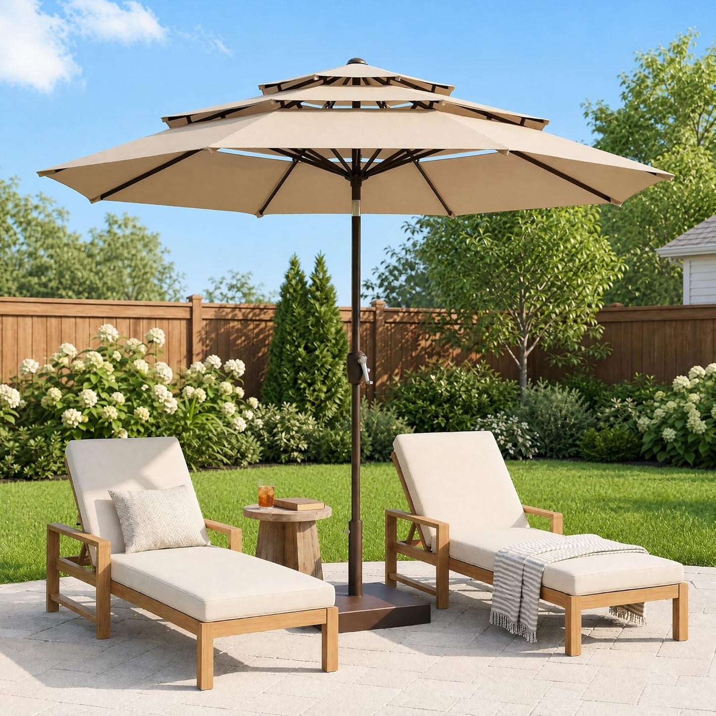 10Ft Champagne Fiberglass Ribs Patio Umbrella Push Button Tilt