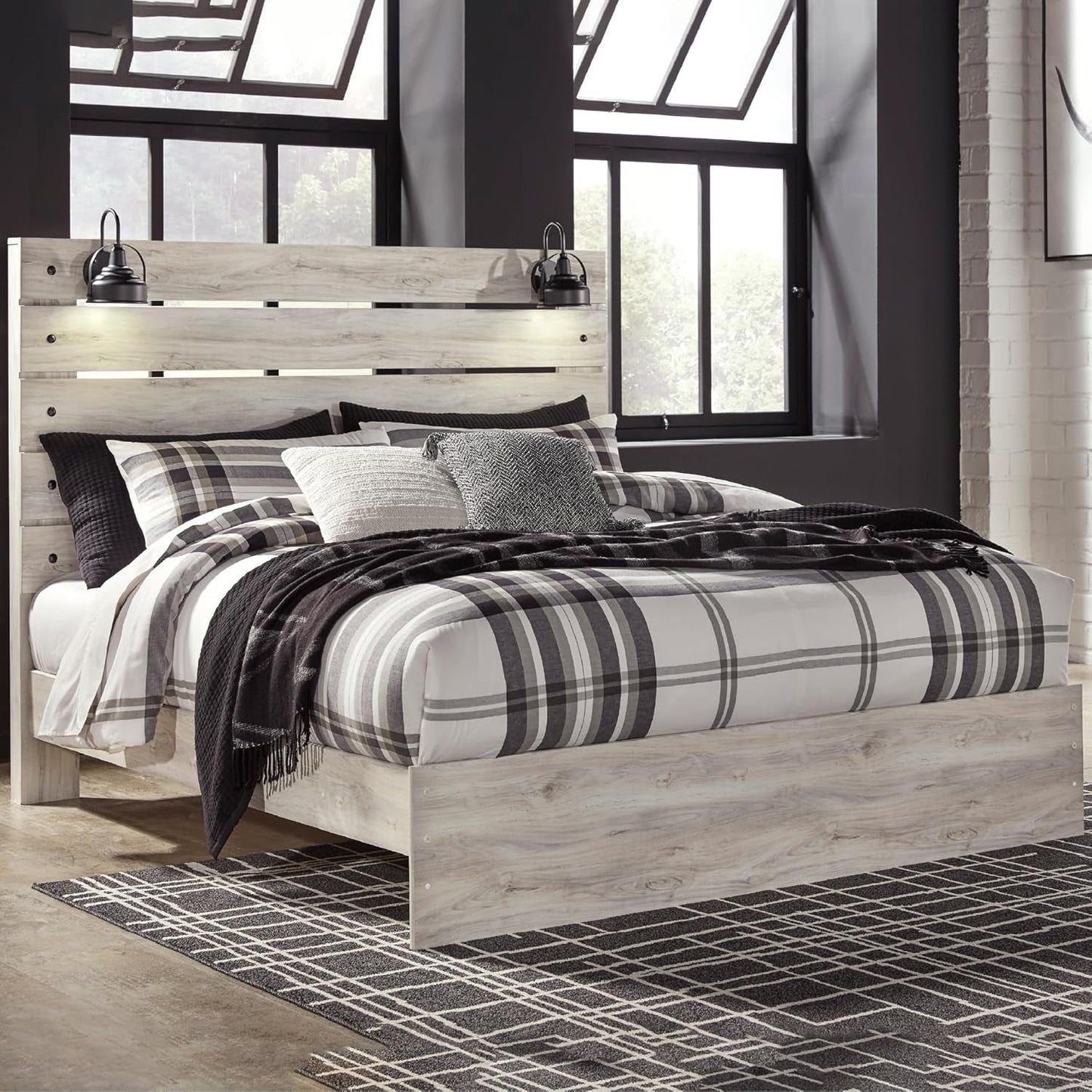 Antiqued Finish Whitewashed King Panel Bed USB Ports