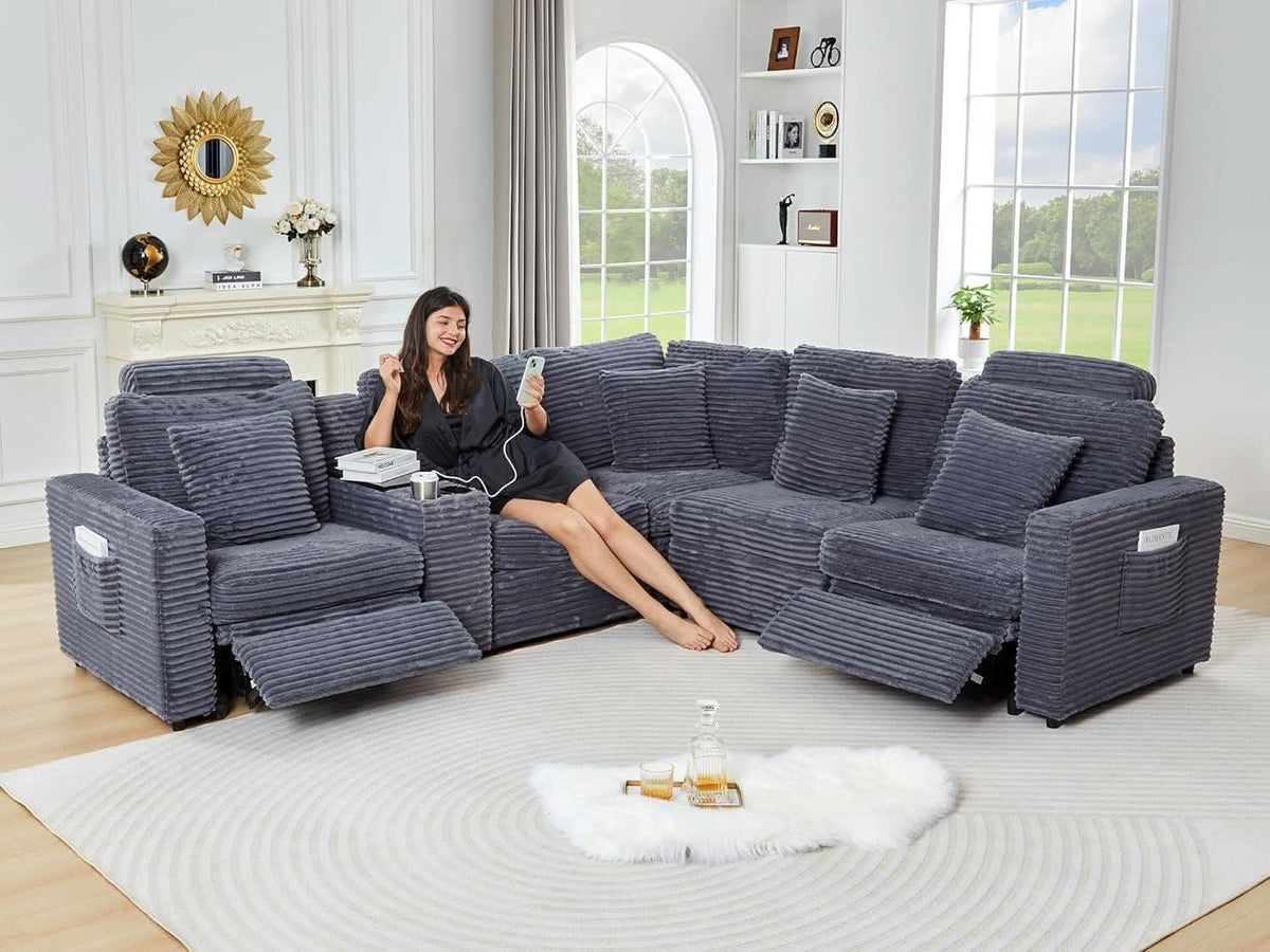 Blue Modular Sectional Sofa With Electric Recliners